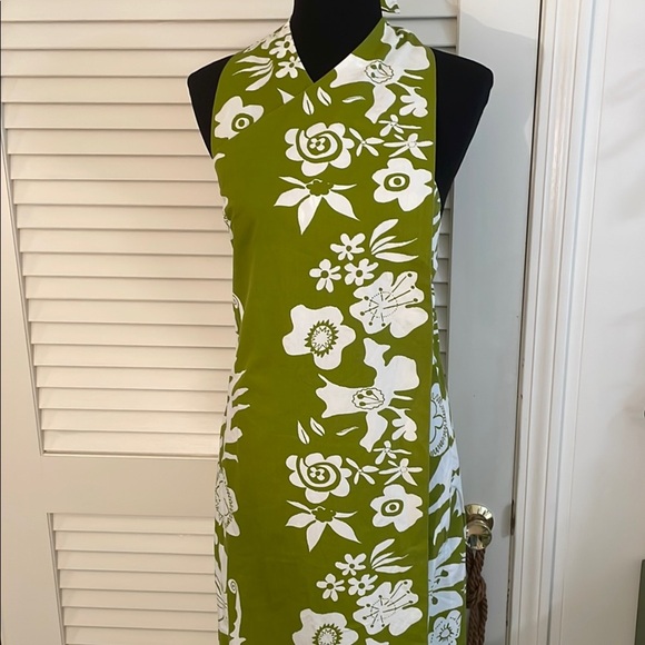 Marie ah you Couture Floral Green Hawaiian White Wrap Over Halter Dress - Picture 1 of 10